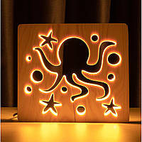 Светильник ночник ArtEco Light из дерева LED "Морской осьминог" с пультом и регулировкой света, цвет теплый