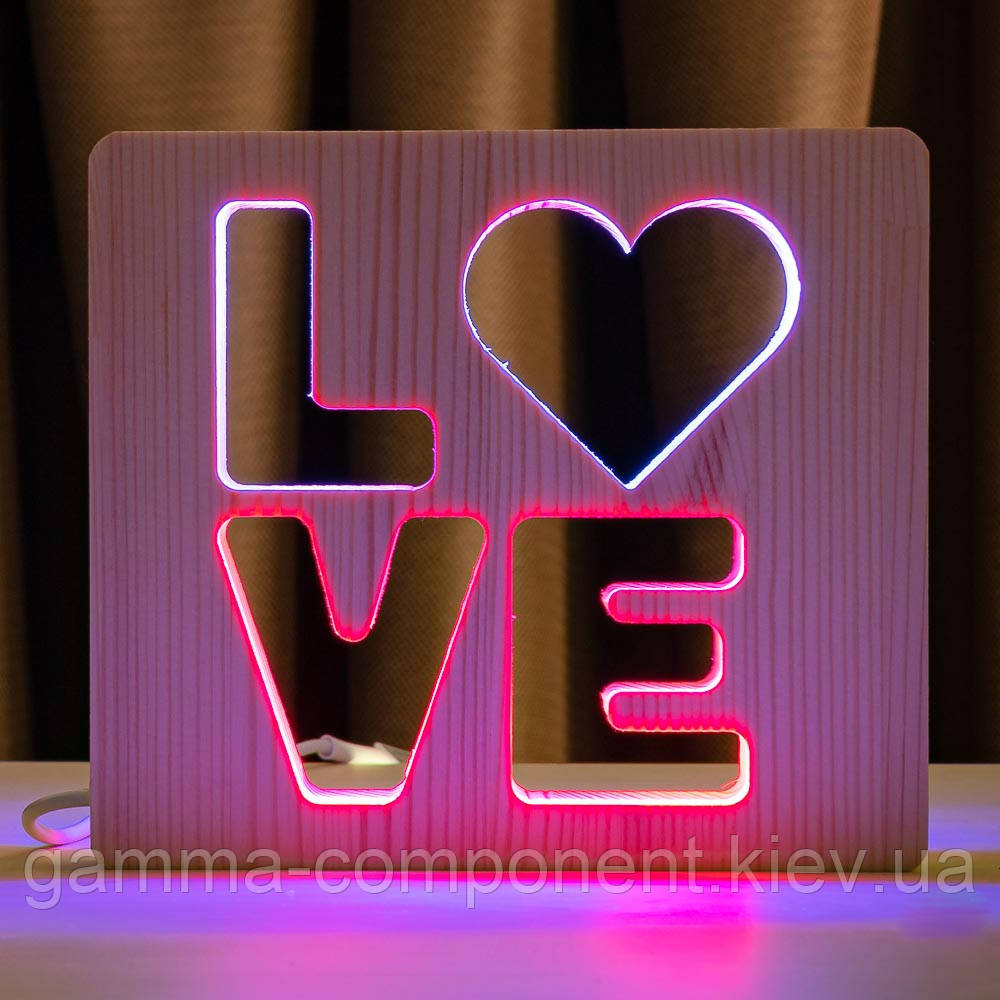 Світильник нічник ArtEco Light з дерева LED "LOVE" з пультом і регулюванням кольору, подвійний RGB