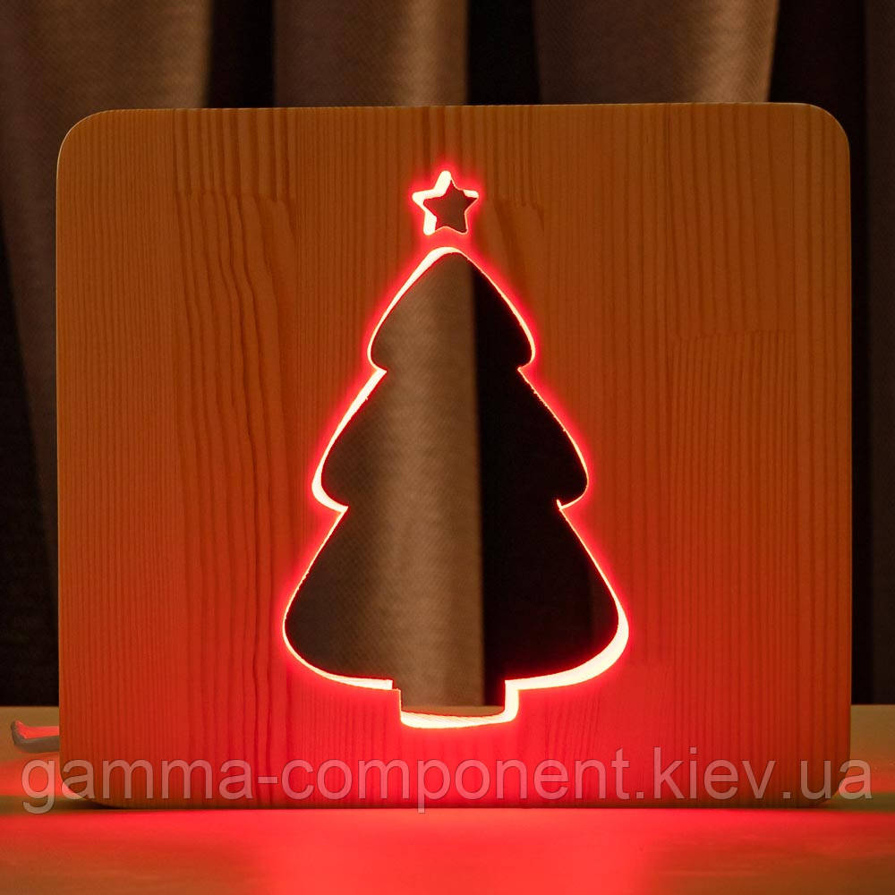 Світильник нічник ArtEco Light з дерева LED "Ялинка під снігом" з пультом і регулюванням кольори, RGB