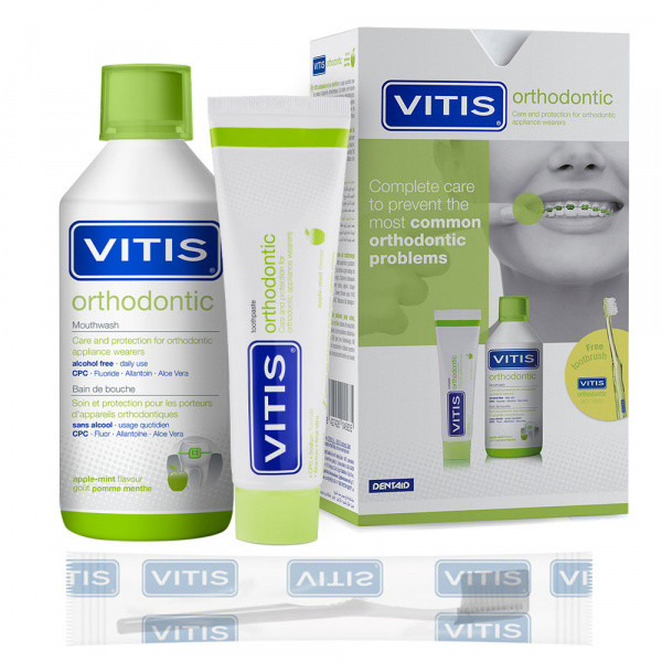 VITIS ORTHODONTIC НАБІР: ополіскувач 500 мл, зубна паста 100 мл + щітка в подарунок