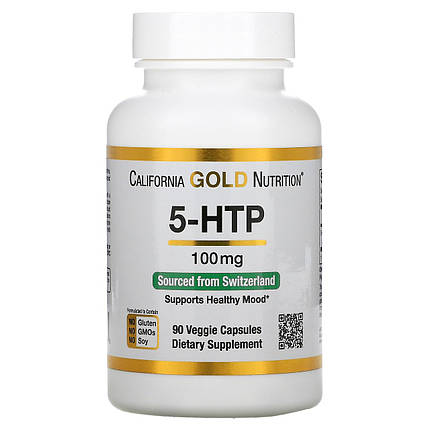 5-гідроксі L-триптофан California Gold Nutrition 5-HTP 100 мг 90 капс. (уцінка термін по 8.23), фото 1