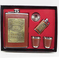 Набор подарочный: фляга 270 мл, 2 рюмки, зажигалка, лейка "Jack Daniels", сталь в коже