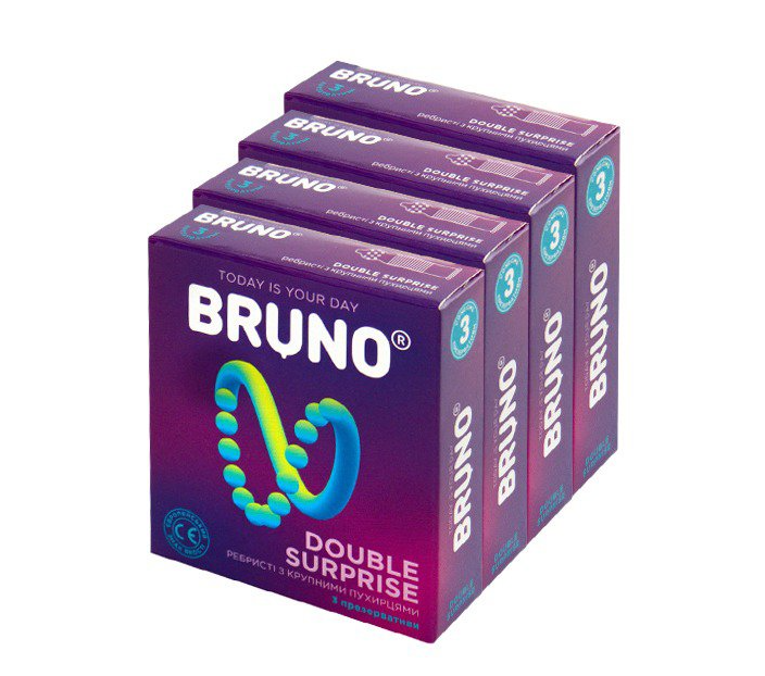 Презервативи якісні чоловічі ребристі з великими крапками Bruno Double Surprise 4 You 12 шт (4 пачки