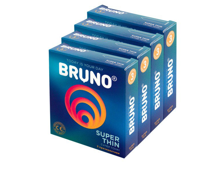 Презервативи якісні чоловічі тонкі із силіконовим мастилом Bruno Super Thin 4 You 12 шт 4 пачки по 3 шт.