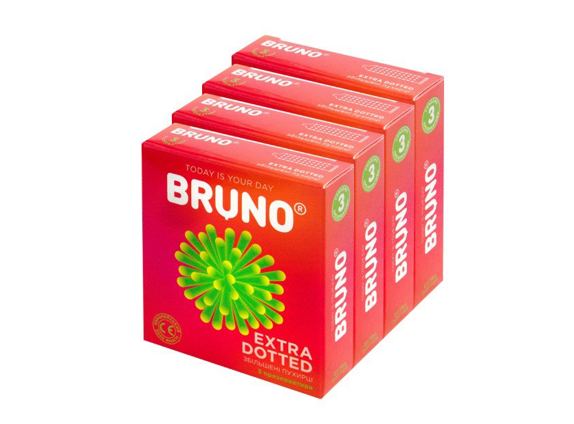 Презервативи з великими крапками та силіконовим мастилом Bruno Extra Dotted 4 You 12 шт 4 пачки по 3 шт.