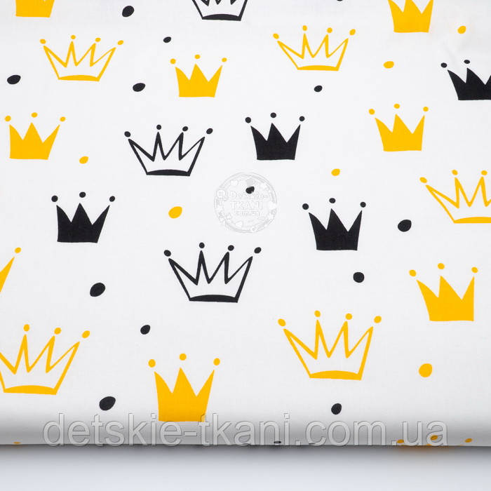 Бязь "Намальовані жовті та чорні корони на білому тлі" (№1336), фото 1