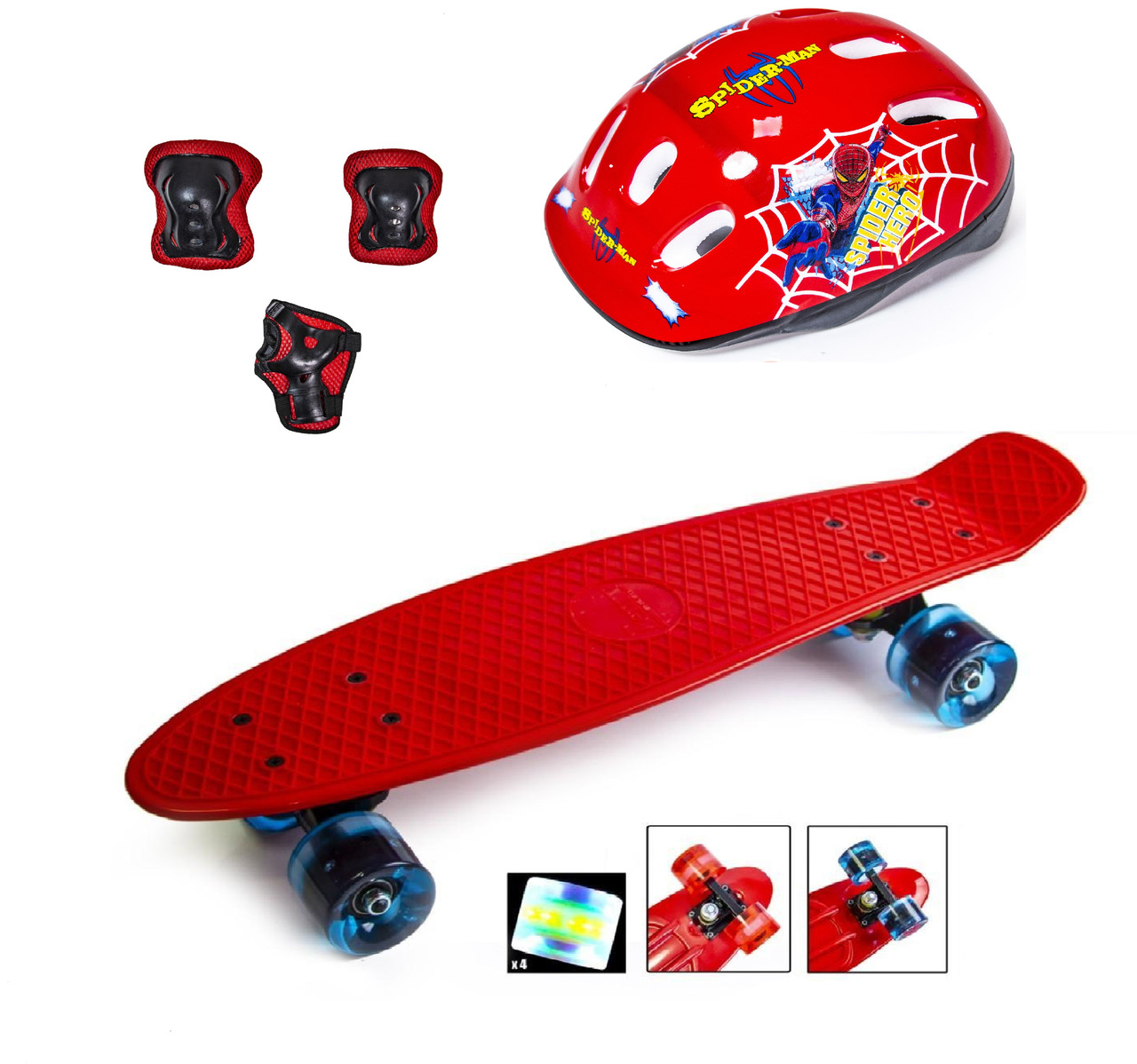 Penny Board. Red.+ захист + шолом. Блискучі колеса.