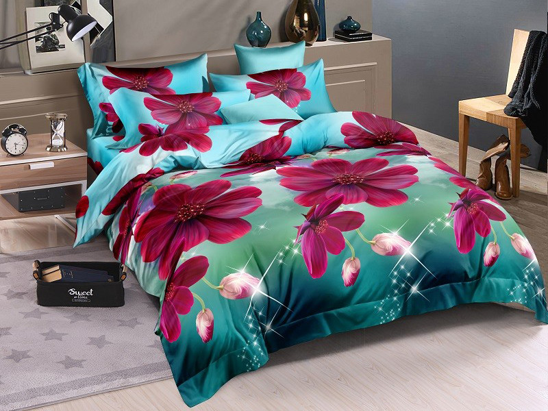 Яскрава щільна постільна тканина 220 см Полісатин 135 поліестер із великим 3Д-принтом фіолетові квіти космея, у рулоні 60 м