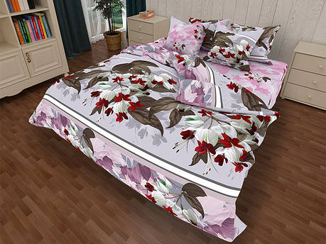 Світла щільна постільна тканина 220 см Полісатин 135 поліестер із 3Д принтом білі квіти, у рулоні 60 м, фото 1