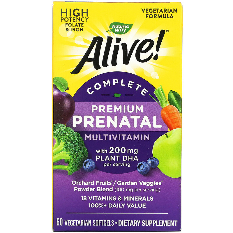 Чудові мультивітаміни Nature's Way, Alive! "Premium Prenatal Multivitamin" з ДГК (60 гелевих капсул), фото 1