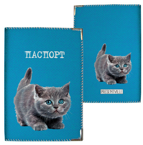 Обкладинка на паспорт Кошеня на блакитному тлі (тканина), фото 1