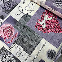 Бязь голд тканина з сердечками, квітами та клубками ниток в квадратах, ширина 220 см