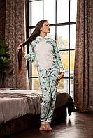 Женская пижама комбинезон с кармашком на попе с овечками с капюшоном|бирюзовый.Топ! L