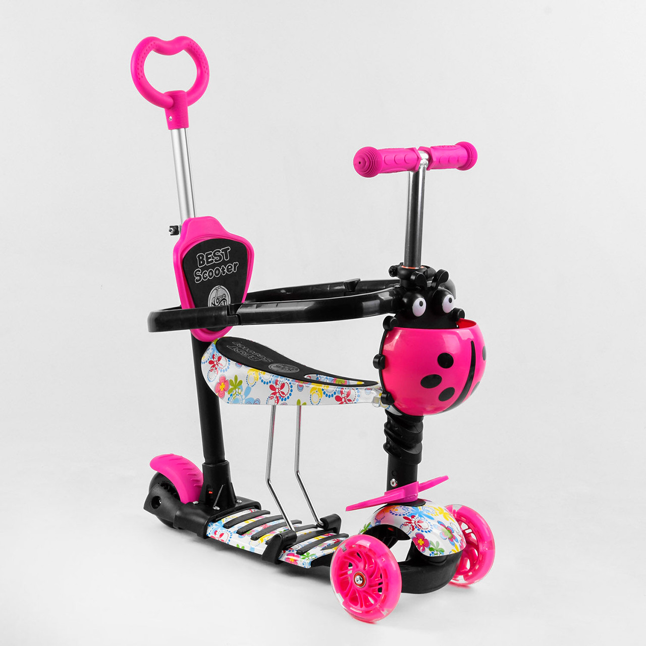 Самокат триколісний 5в1 Best Scooter S 5593 з батьківською ручкою і захисним бортиком Квіточка