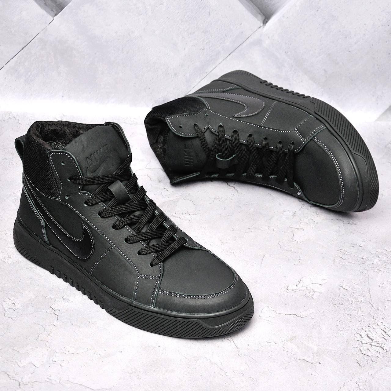 Чоловічі зимові кросівки Nike Black Winter черевики Найк чорні шкіряні високі, фото 1
