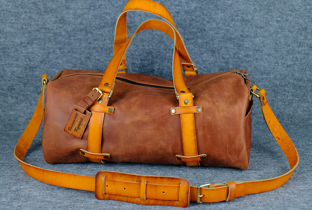 Дорожня шкіряна сумка, вінтажна шкіра, розмір 50*20*20, колір коньяк, фото 1
