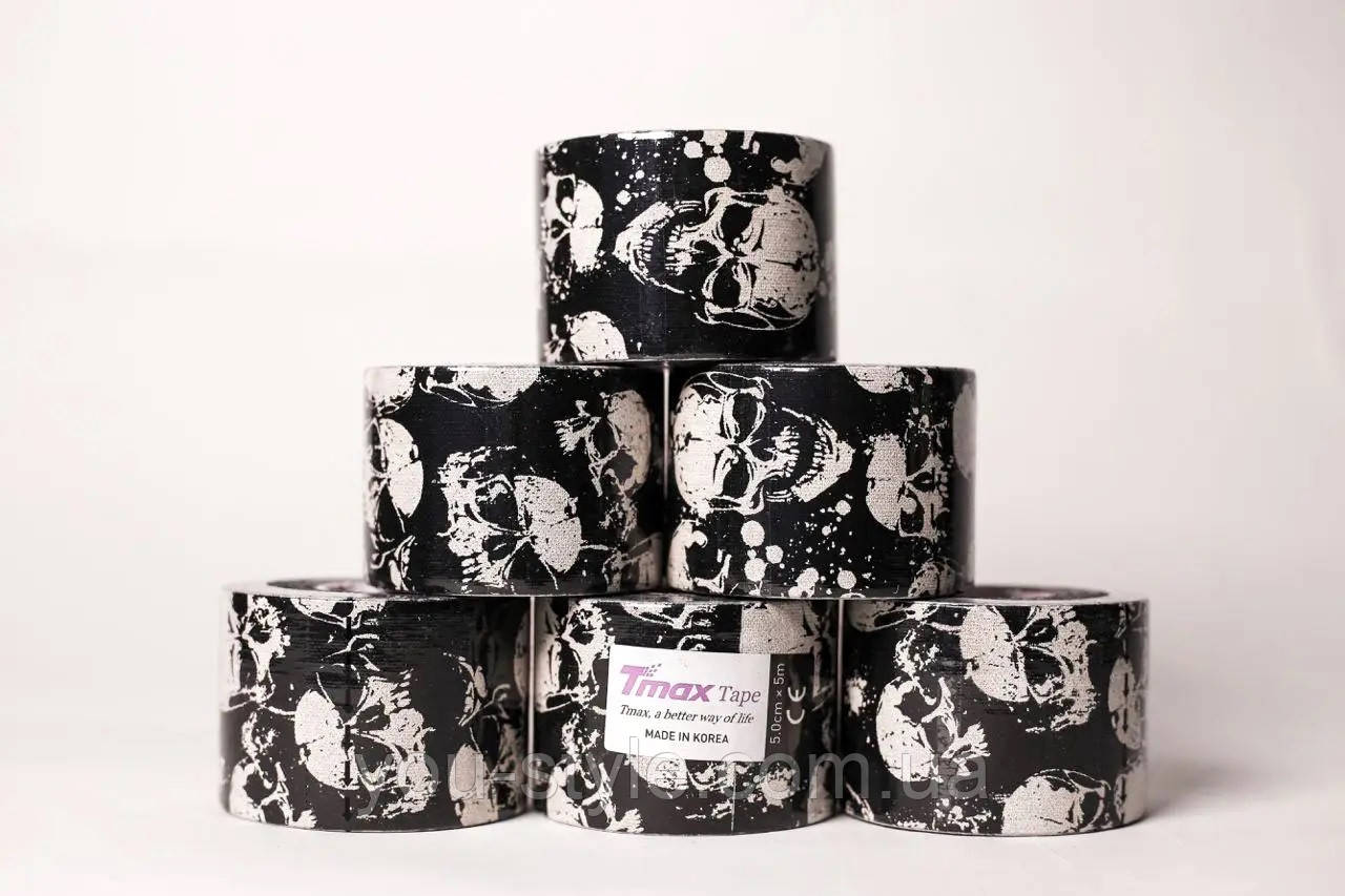 Кінезіотейп Tmax Tape 5 см х 5 м Бавовна Череп Чорний, фото 1