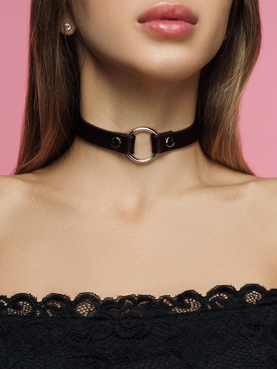 Шкіряний Чокер на шию з кільцем універсальний розмір Чорний ( 130 152 )