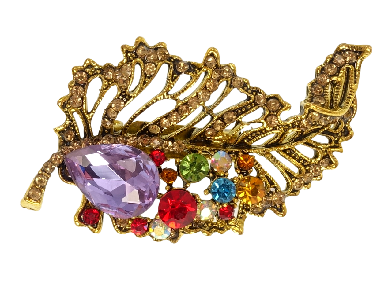 Брошка "Листик з бузковим кристалом і різнокольоровими стразами", фото 1