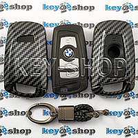 Чехол смарт ключа BMW (БМВ) (пластиковый, под карбон, с карабином) кнопки с защитой, 4 кнопки, черный