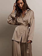 Пижама женская атласная. Комплект шелковый для дома, сна с длинным рукавом, размер M (коричневый)
