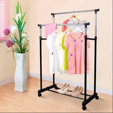Подвійна вішалка підлогова стійка для одягу з полицею для взуття Double Pole, фото 1