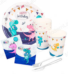 Набір паперового посуду "Діно" (8 тарілок, 8 вилок, 8 ножів, 8 стаканчиків, 16 серветок)