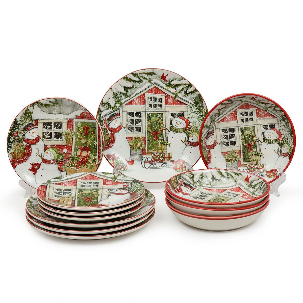 Новорічний столовий керамічний сервіз з суповими тарілками на 4 персони 12 предметів "Різдвяний будиночок", фото 1