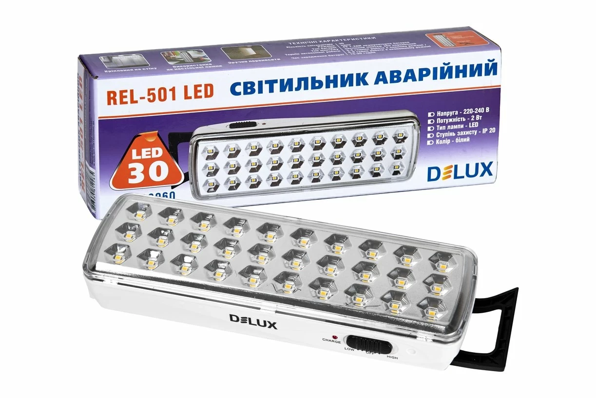 LED світильник аварійний DELUX REL-501 (3.7V1,2Ah) 2W 30LED IP20 90016960