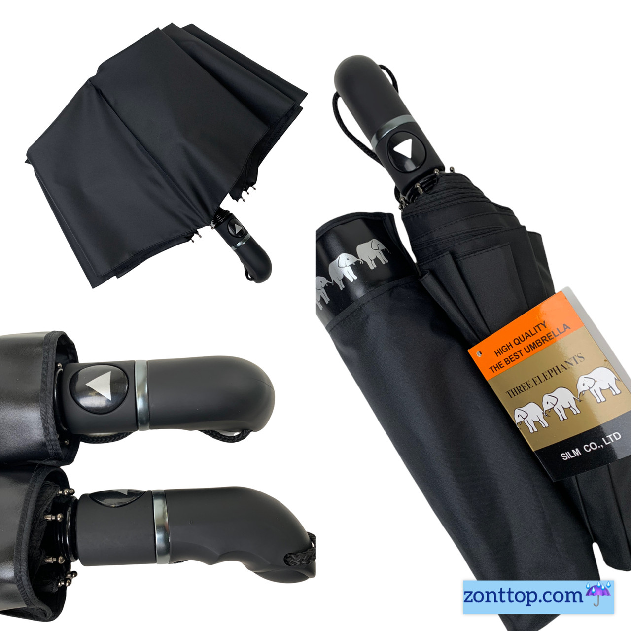 Чоловіча парасоля "Три слона", напівавтомат на 9 спиць, чорний, 34070, фото 1