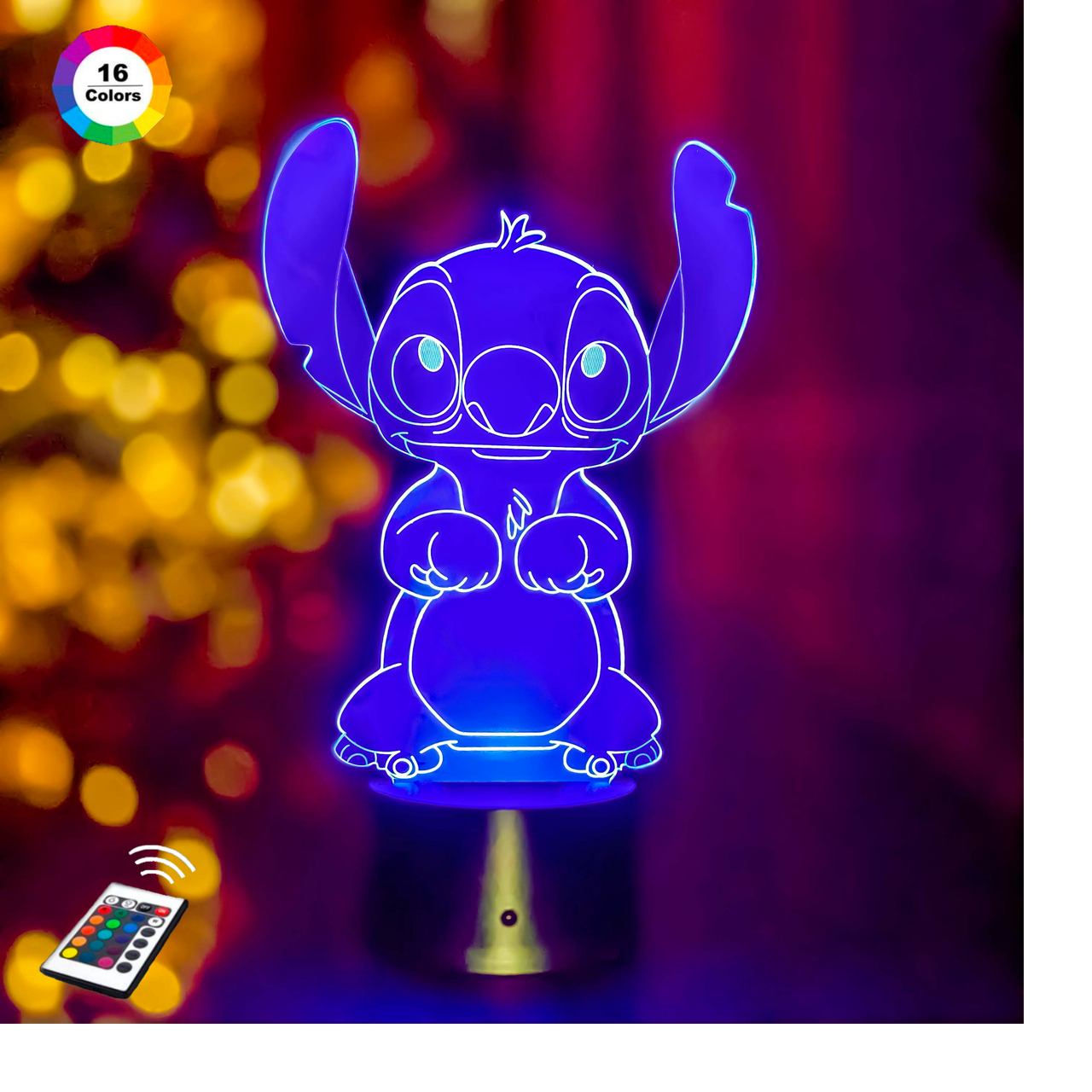 3D-нічник "Стич 2" (ВОЛІЧНЕ ЗОБРАЖЕННЯ) подарункове паковання + 16 кольорів + пульт ДК + мережевий адаптер + ба, фото 1