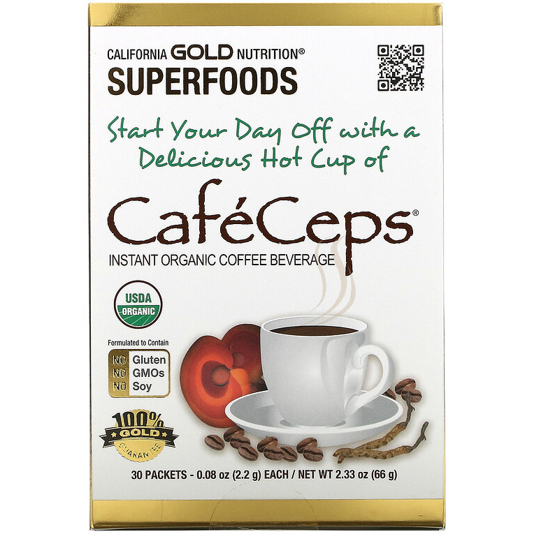 Органічний кавовий напій California GOLD Nutrition "CafeCeps" з грибами кордицепс і Рейші (30 пакетиків)