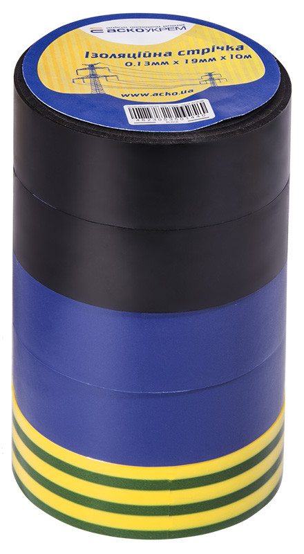 Ізострічка ПВХ 0,13мм*19мм/10м Набір №4 (2 чорні+2сині+1жовто-зелена= 5шт.) АСКО-УКРЕМ, фото 1