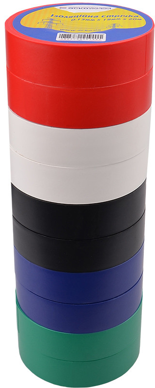 Ізострічка ПВХ 0,13мм*19мм/20м Набір №1 (2 чорні+2сині+2червоні+2зелені+2білі=10 шт.), фото 1