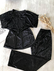 Жіноча велюрова піжама футболка та штани чорна
