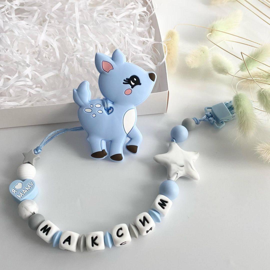 Іменний силіконовий гризунок, прорізувач для зубів, Олень бембі бебі блю, фото 1