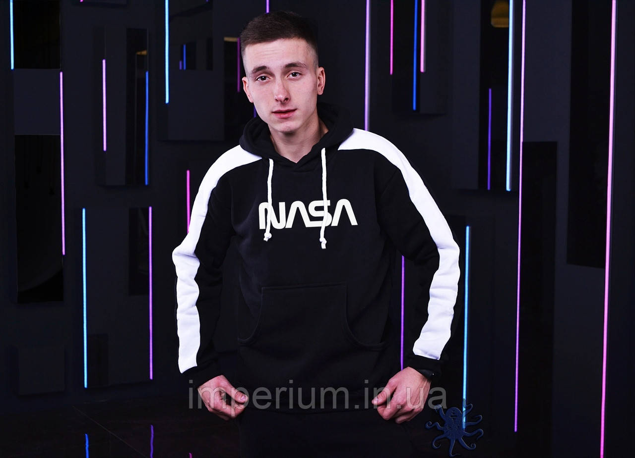 Кежуал худі nasa | чорна толстовка з білими лампасами лого наса, фото 1