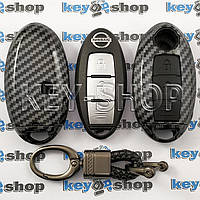 Чехол смарт ключа Nissan (Ниссан) (пластиковый, под карбон, с карабином) кнопки с защитой, 2 кнопки, черный