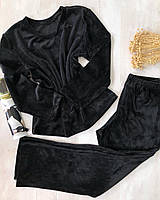 Жіноча плюшева піжама кофта та штани чорна