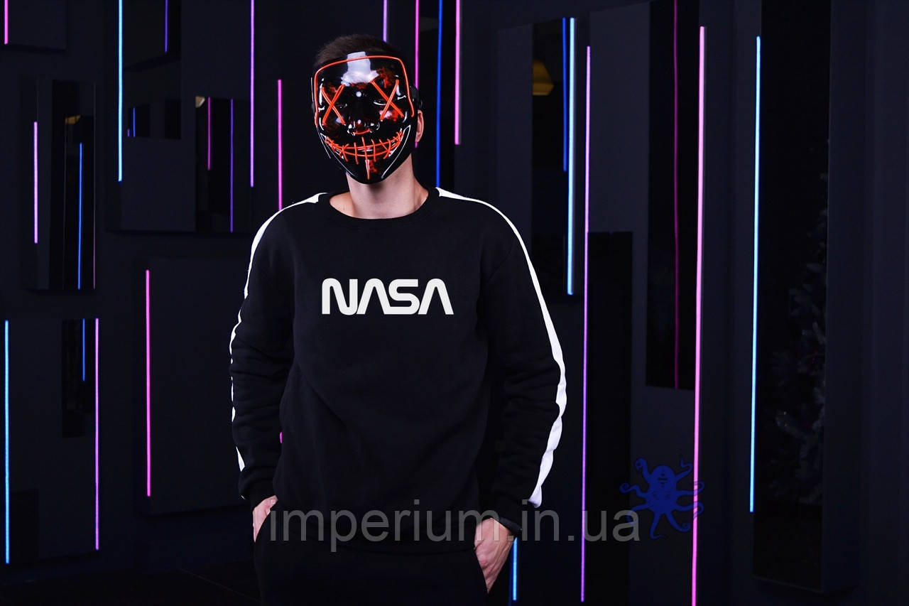Світшот з білими лампасами | чорна кофта з білим логотипом nasa