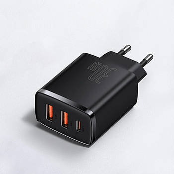 МЗП для швидкої зарядки BASEUS Compact Quick Charger 30W QC+ PD |1Type-C + 2USB| (чорний)