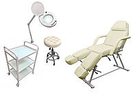 Кушетка 240 + стілець 836 + столик косметолога MZT 099-1 + лампа-лупа 6027K-H LED 3D 12W