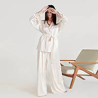 Пижама женская атласная. Комплект шелковый для дома, сна с длинным рукавом, размер S (белый)