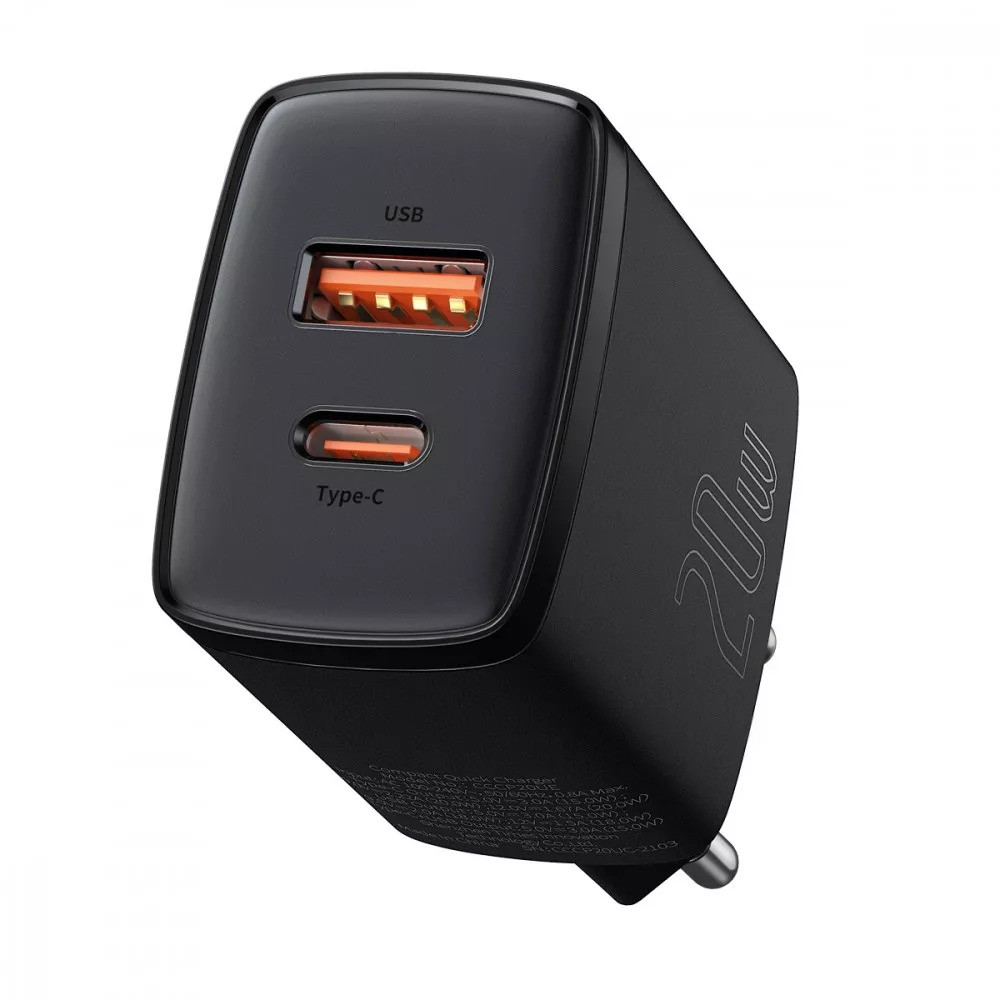 МЗП для швидкої зарядки BASEUS Compact Quick Charger 20W QC PD |Type-C + USB| (чорний), фото 1