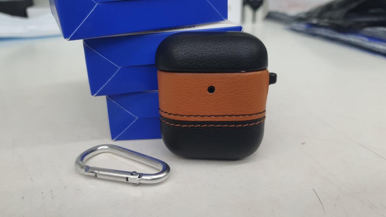 Протиударний чохол - Airpods Apple. Візерунок. Шкіра. Чорно-коричневий