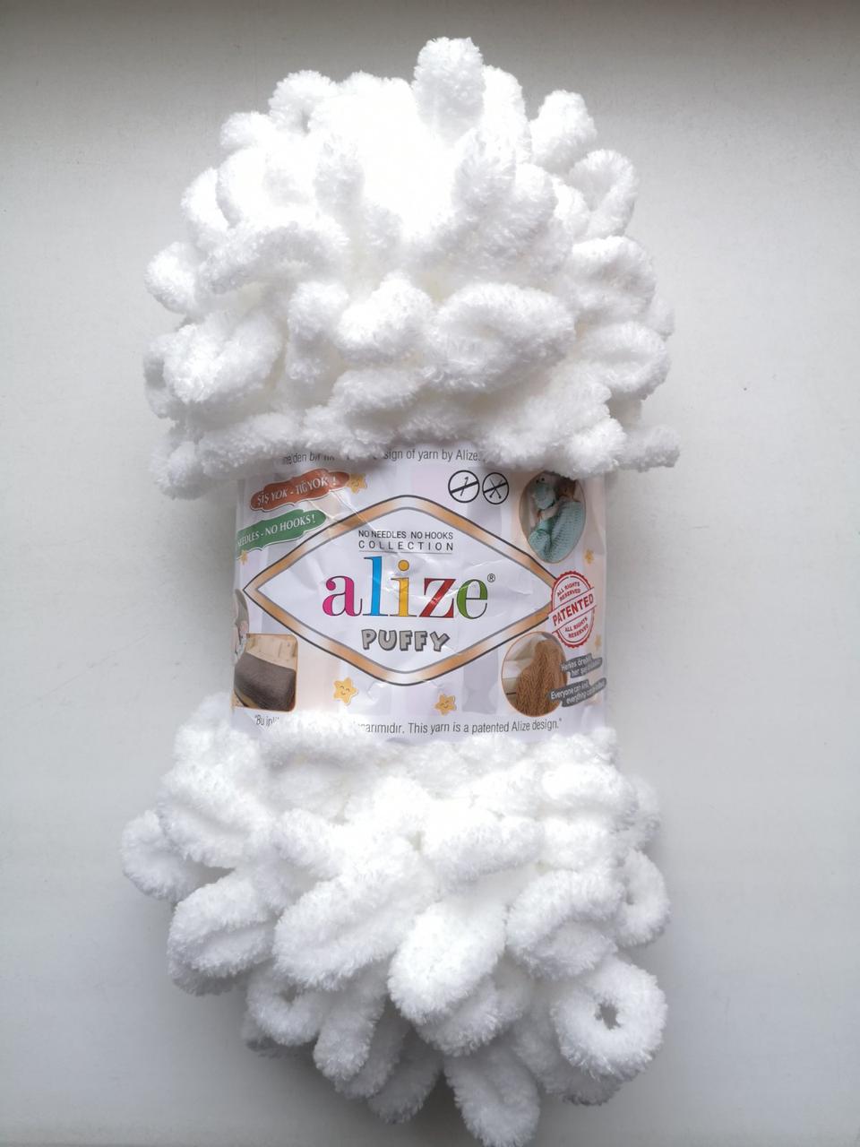 Пряжа Alize Puffy Алізе Пуффі колір білий 55 для в'язання без спиць руками з петельками 1 моток 100г, фото 1