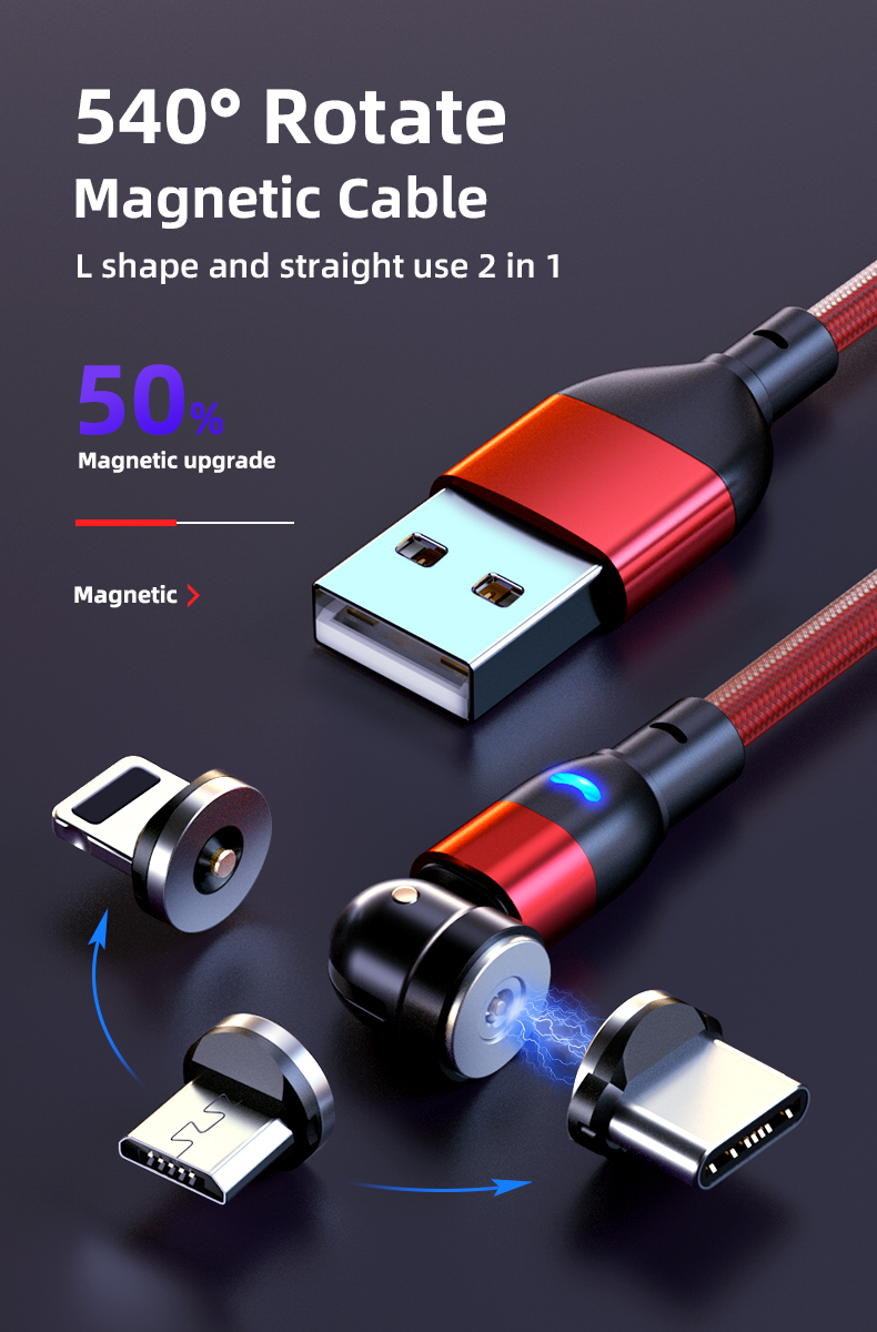 3в1 3м. Фіолетовий Поворотний Магнітний Кабель зарядного пристрою Micro USB + IOS + Type-C, фото 1