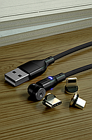 3в1 2м. Чорний Поворотний Магнітний Кабель зарядного пристрою Micro USB + IOS + Type-C
