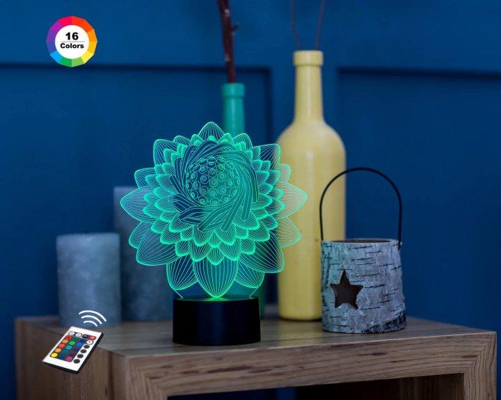 3D нічник "Лотос 2 " (ВОЛІЧНЕ ЗОБРАЖЕННЯ)+ 16 кольорів + пульт ДК + байки (3ААА)  3DTOYSLAMP, фото 1