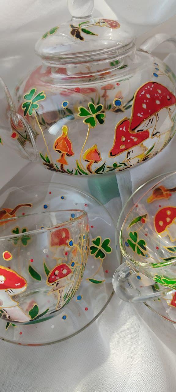 Чайний сервіз із вітражним розписом ручної роботи " Мухомори", фото 1